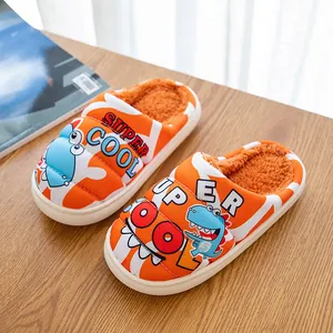 Gemütliche orangefarbene Kinder-Winterhausschuhe mit Dino-Motiv und Super Cool-Text