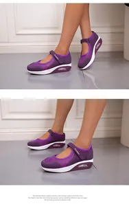Close-up of purple breathable mesh women's casual shoes with air cushion and Velcro strap