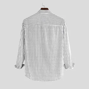Back view of a casual men's striped linen shirt featuring vertical and horizontal patterns