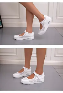 Detailed macro view of white breathable mesh platform Mary Jane sneakers with velcro strap