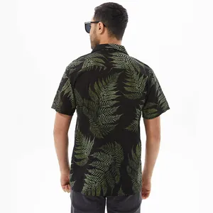 Rear view of men's casual short-sleeved shirt with vibrant green fern leaf print