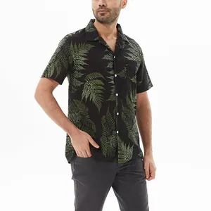 Casual men's short-sleeve beach shirt featuring a green fern leaf print on black