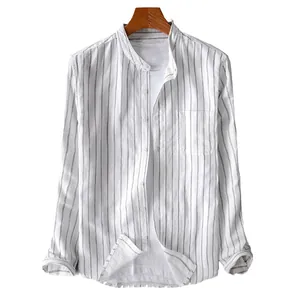 Men's casual vertical striped cotton linen shirt with mandarin collar and long sleeves