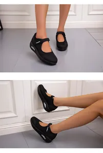 Breathable black mesh walking shoes for women with air cushion and magic tape strap