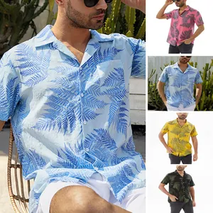 Men Tropical Leaf Print Short Sleeve Shirt Polyester Casual Summer Loose Beach Hawaiian Holiday Top Button Down Shirt