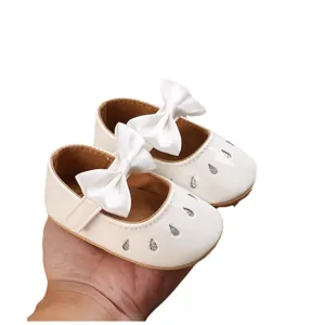 Elegant white infant girl princess shoes with satin bow and non-slip soft rubber sole