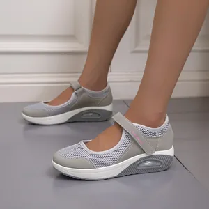 Women's grey breathable mesh Mary Jane sneakers with Velcro strap and thick air cushion sole