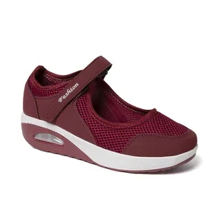 Maroon breathable mesh women's walking shoes with Velcro strap and air cushion sole