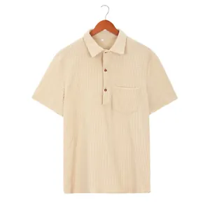Men's summer waffle knit polo shirt with short sleeves and front pocket in beige
