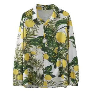 Camicia casual da uomo a maniche lunghe con vivace stampa tropicale di limoni
