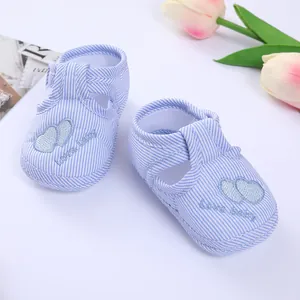 Detailed view of soft blue striped baby walking shoes featuring lovely heart embroidery