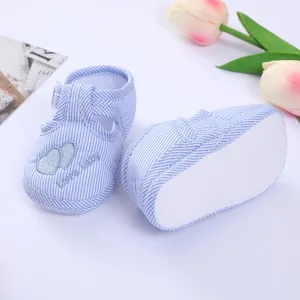 Detailed macro view of blue striped baby pre-walker shoes with soft anti-slip soles