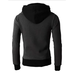 Detailed back view of a men's thick hooded casual jacket in charcoal gray and black