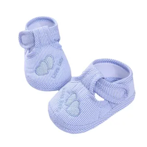 Blue and white striped soft-sole baby pre-walker shoes with heart embroidery for infants.