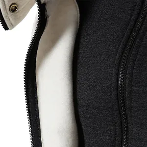 Close-up detail of men's thickened hoodie with soft white fleece lining and zipper