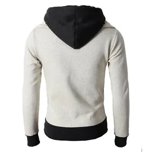Detailed back view of thick two-tone men's hooded sweatshirt in grey and black melange