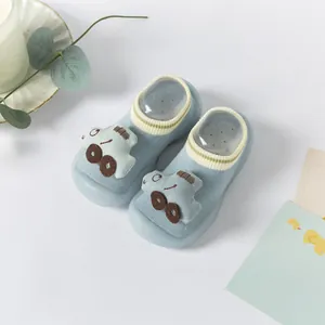 Cute blue infant walker shoes with cartoon car patch and non-slip silicone soft sole