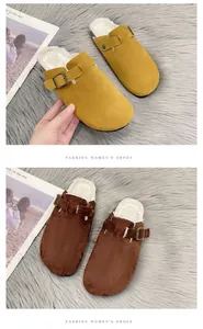 Detailansicht stilvoller, fleecegefütterter Clogs in Gelb und Braun mit Wildlederoptik