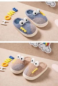 Chaussons dinosaures mignons pour enfants en tricot bleu et marron avec doublure