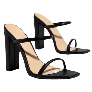 Elegante schwarze Damensandalen mit hohem Blockabsatz, Karree-Zehen und dünnen Doppelriemen