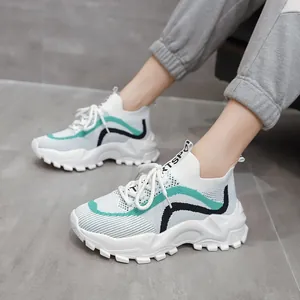 Women's trendy color-block chunky sneakers featuring fly-knit mesh and thick white soles