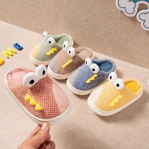 Chaussons en Coton Dinosaure de Dessin Animé pour Enfants Hiver Chaud Doublé de Peluche Antidérapant Chaussures de Maison