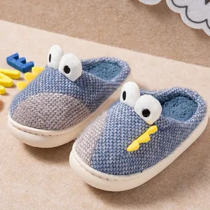 Pantoufles en peluche dinosaure bleu pour enfants avec doublure chaude et semelles antidérapantes