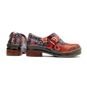 Detailed side view of vintage floral genuine leather loafers with adjustable buckle accent