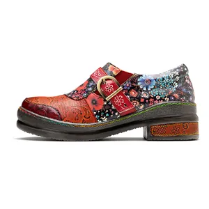 Vintage ethnic style women's genuine leather floral patchwork flat shoes