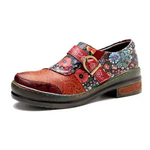 Handmade vintage floral patchwork genuine leather flats with buckle strap for women