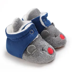 Botas de nieve de felpa para bebé con diseño de ratón gris y suela blanda en azul