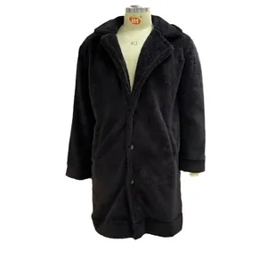 Men's black fuzzy teddy coat with notched lapel and button closure for winter fashion