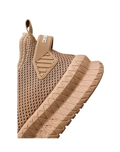 Close-up of breathable khaki knit sneaker with durable textured rubber sole