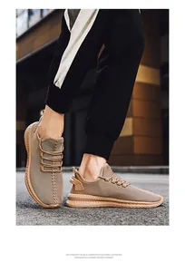 Breathable khaki flyknit men's sneakers with lightweight EVA foam sole for urban summer style