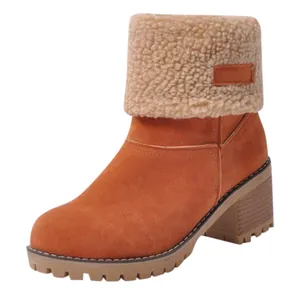 Stylish women's tan suede mid-calf winter boots with chunky heel and faux fur cuff