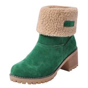 Stylish women's green suede ankle boots with chunky block heel and beige fleece lining