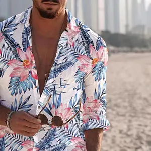 Ανδρικό casual μακρυμάνικο πουκάμισο με ζωντανό τροπικό φλοράλ σχέδιο και φύλλα