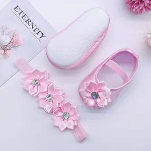 Sweet pink satin baby girl princess shoes and matching flower headband set for infants