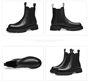 Botines Chelsea premium de cuero negro para hombre con suela gruesa en cuatro ángulos