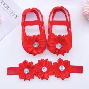 Red baby princess shoes and matching floral headband with rhinestones decoration