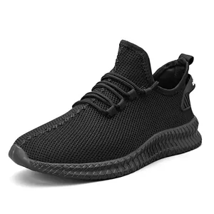 Lightweight and breathable black fly-knit men's low-top sneakers for casual sports activities