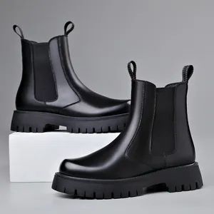 Botas Chelsea de Cuero Genuino para Hombre Estilo Británico Casual Martin Boots Suela Gruesa Antideslizante Negro Forrado