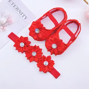 Red soft sole baby princess shoes and matching three flower headband set for toddlers