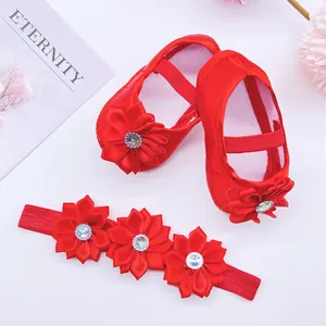 Red satin infant princess shoes and matching flower headband set for baby girls 0-12 months