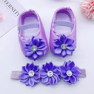 Adorable purple baby princess shoes and matching floral headband set with rhinestone