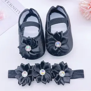 Adorable black baby girl princess shoes with matching rhinestone flower headband set