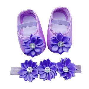 Purple baby girl princess shoes and headband set featuring floral crystal decor