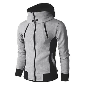 Detailed side view of a grey and black slim fit men's hooded jacket with a high neck