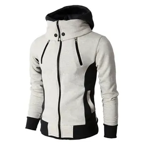 Detailed front view of men's two-tone hooded sweatshirt with high windproof collar