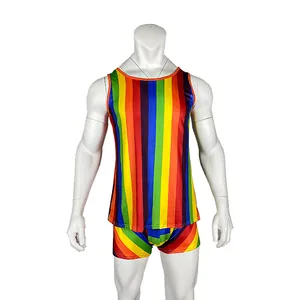 Professional studio shot of men's rainbow striped tank top and tight shorts pajama set